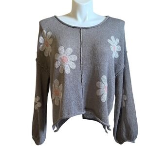 NEW POL Balloon Sleeve Raw Edge Flower Knit Top Grey Womens Oversized Large